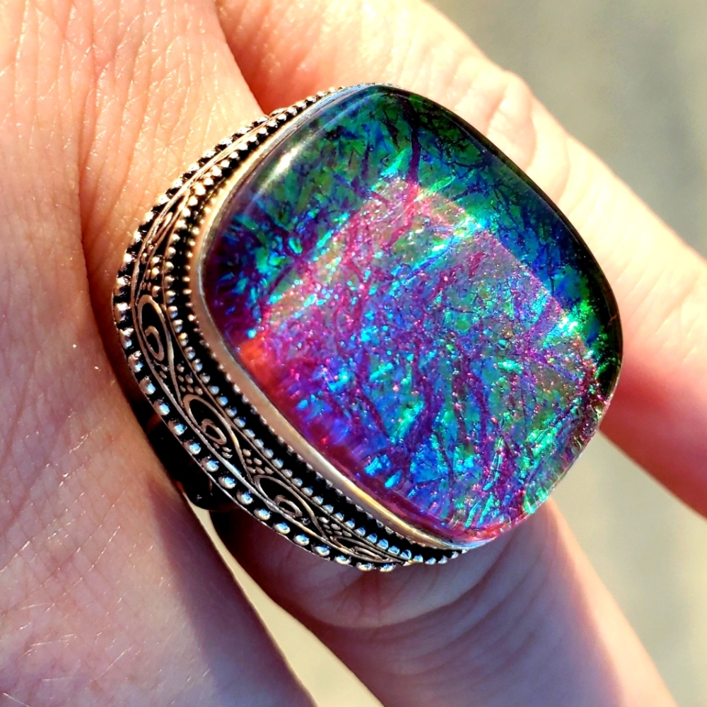 New Huge Dichoric Glass Antique Design 925 Silver Ring.